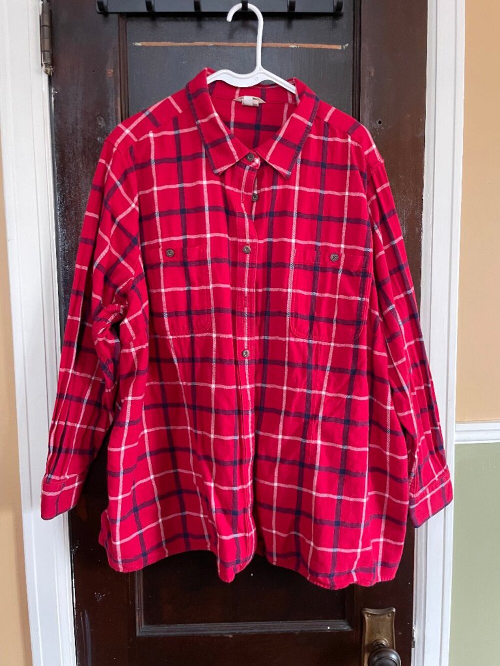 Red plaid flannel button-up shacket